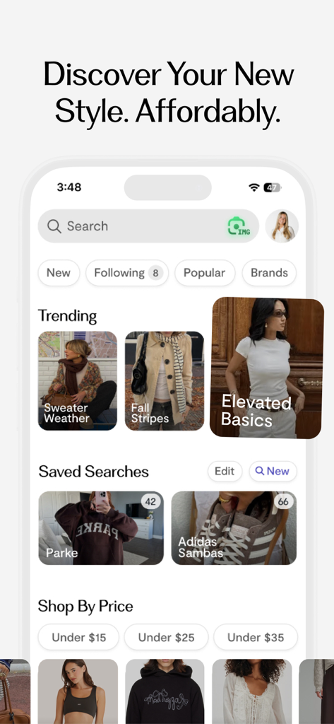 Curtsy: Shop & Sell Top Trends - Curtsyモバイルアプリのインターフェース。トレンドのファッションスタイルと価格フィルターが表示されています。