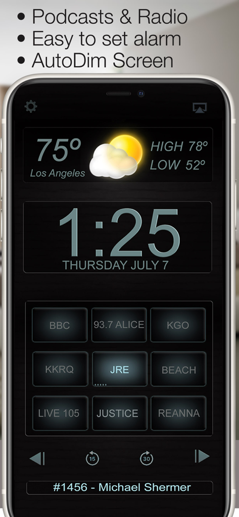 Best Clock Radio & Podcast - Tela do aplicativo de rádio despertador digital com previsão do tempo de Los Angeles e predefinições de estações programáveis
