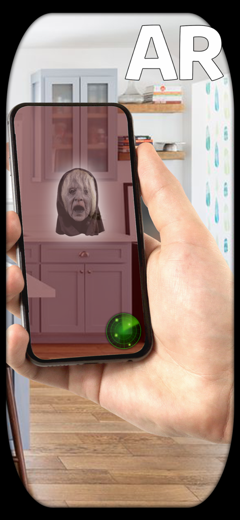 AR Ghosts Radar. Scan & Find - A person holding a smartphone displaying an augmented reality ghost face in a kitchen setting