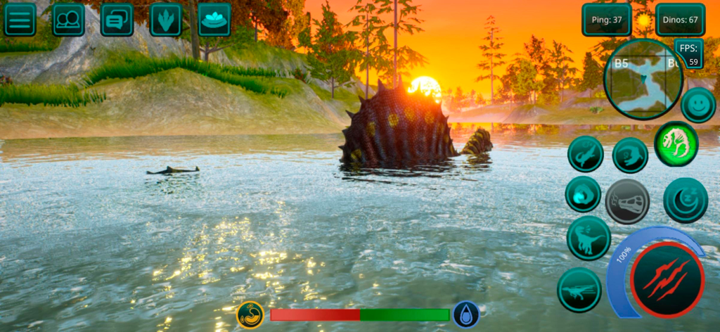 Gameplay screenshot of a Spinosaurus swimming in a lake at sunset in The Cursed Dinosaur Isle.