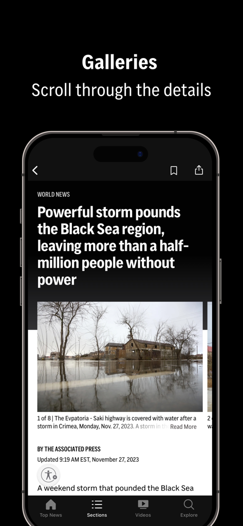 AP News app interface displaying a world news photo gallery article about a powerful storm in the Black Sea region