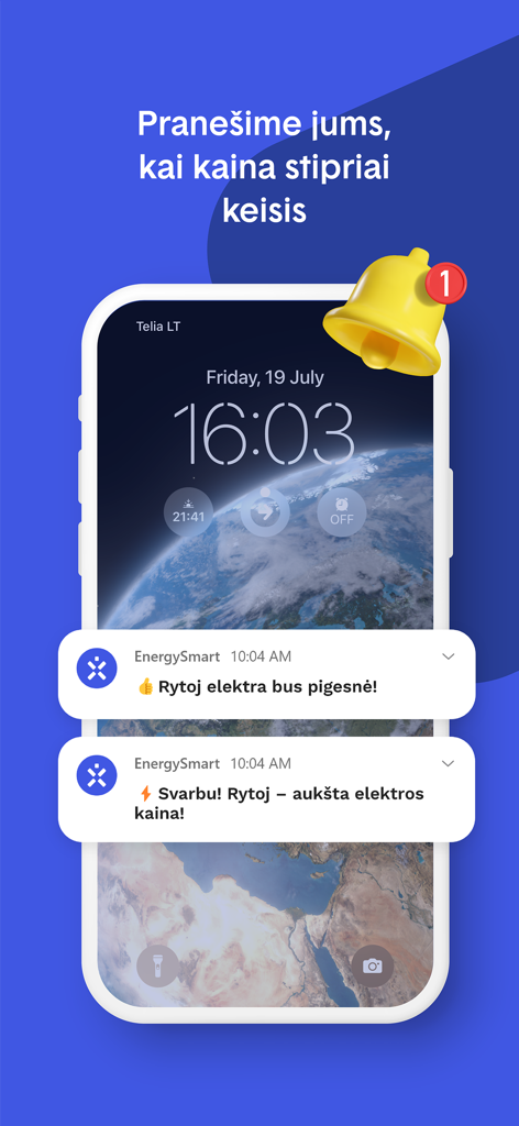 Smartphone lock screen displaying electricity price alert notifications from the Ignitis EnergySmart app.