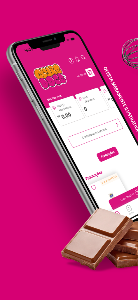 Clube Doce - Painel do aplicativo de fidelidade Clube Doce mostrando pontos e economias em uma tela de smartphone