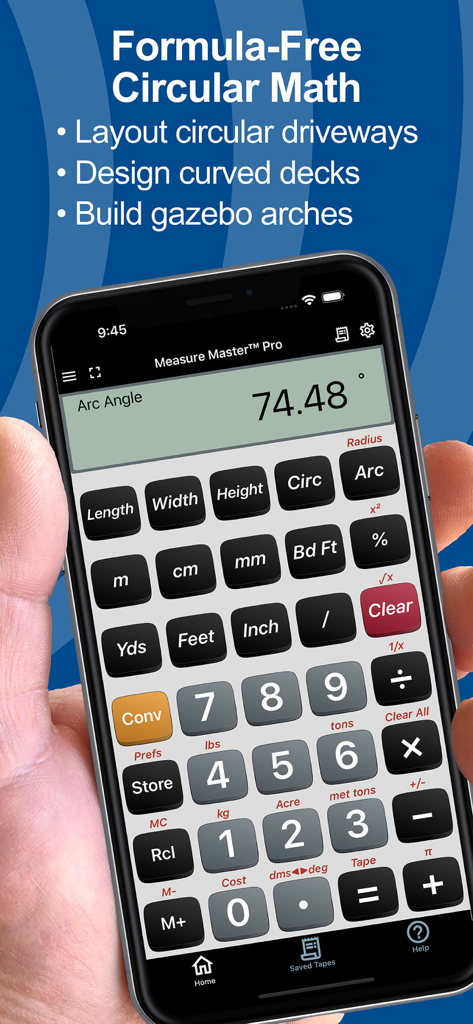 Measure Master Pro Calculator - Measure Master Pro app interface showing arc angle calculations for circular construction projects