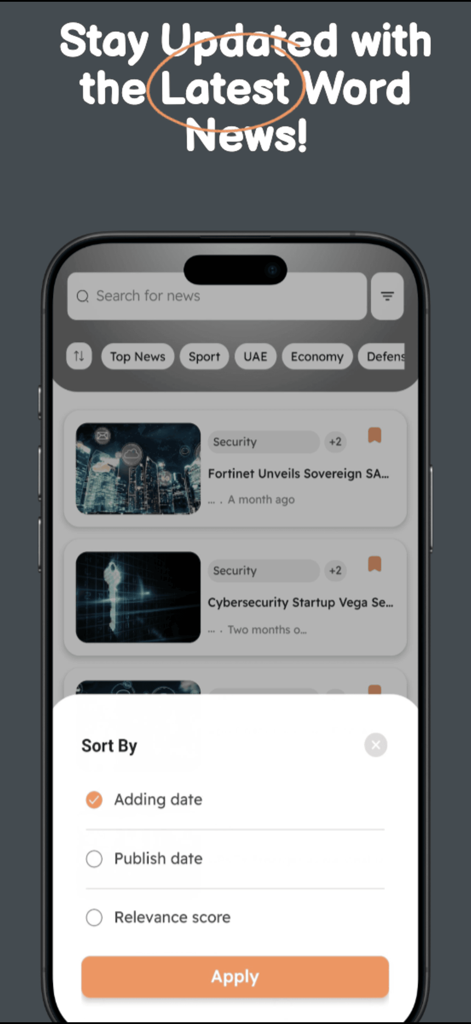 Sentinel Report - Interfaz de la aplicación de noticias Sentinel Report mostrando las opciones de ordenación para artículos de noticias