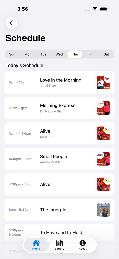 Daily broadcast schedule screen of the Love 101 FM app showing program times and host names