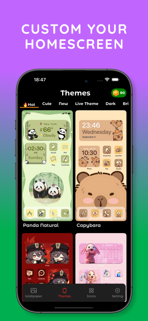 Fancy Themes: Icons & Widgets - Fancy Themes app interface displaying aesthetic icon packs and widget themes like Panda Natural and Capybara.