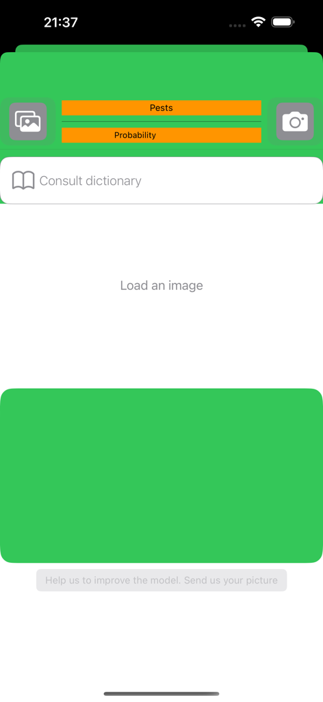 The main interface of the plant diseases and pests app showing options to load an image, use the camera, or consult the dictionary for pest identification.