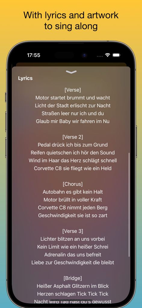 Pantalla de iPhone que muestra la letra de la canción generada por IA con encabezados de verso y coro en la aplicación djAI