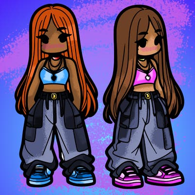 girl in baggy pants crop top and long hair