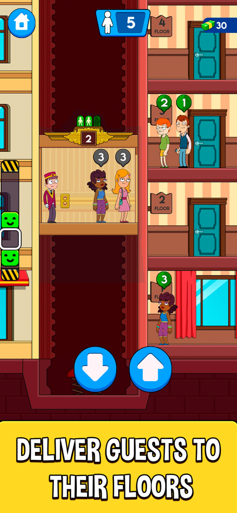 Hotel Elevator Doorman Mania gameplay showing guests waiting for the elevator