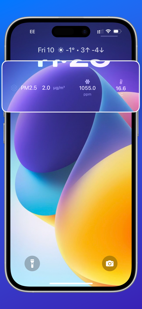 Air Quality Watch - Air Quality Watch lock screen widget on iPhone showing PM2.5 and CO2 levels