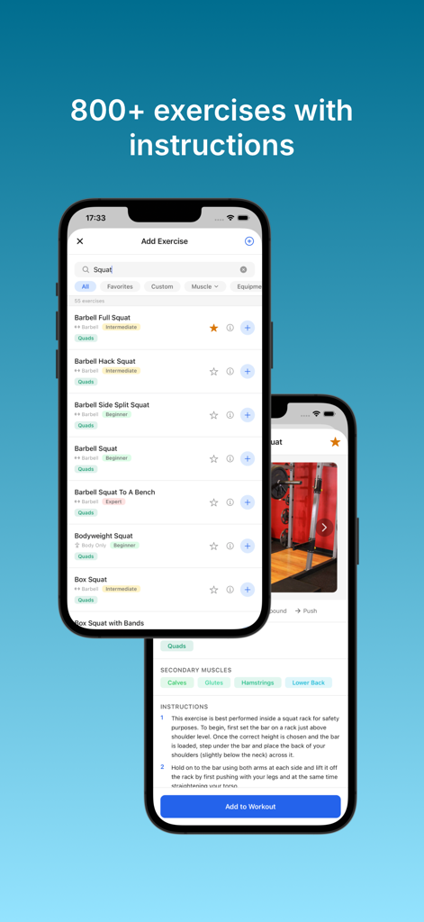 BaseLift: Gym Log & Diary - BaseLift exercise library interface showing various squat exercises and detailed training instructions.