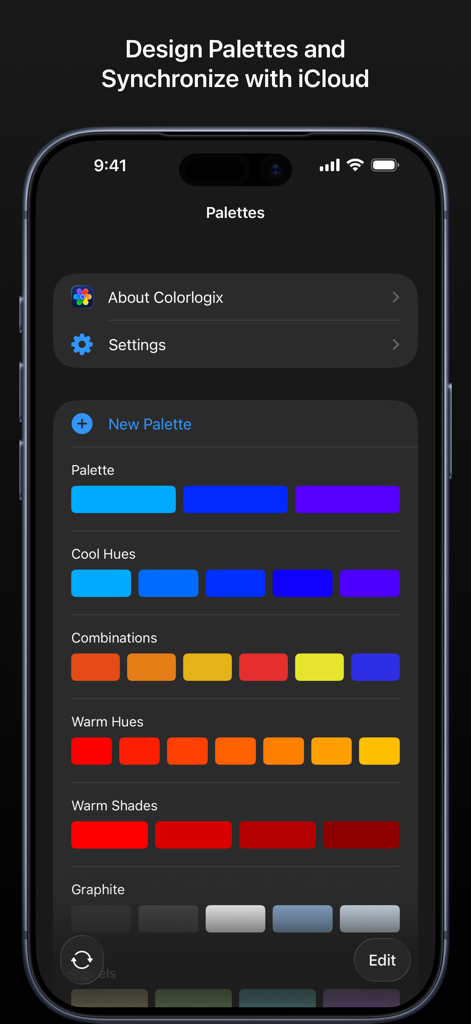 Colorlogix - Color Design Tool - Interfaz de la aplicación Colorlogix mostrando una lista de paletas de color personalizadas como Tonos Fríos y Sombras Cálidas con sincronización de iCloud.