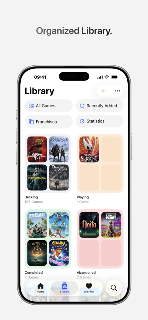 Gamery - Track Your Games - L'interface de l'application Gamery montrant une bibliothèque de jeux vidéo organisée avec des collections catégorisées comme le backlog et les titres terminés
