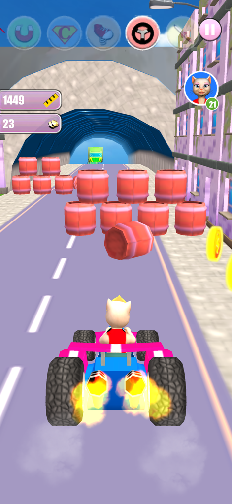 Princess Cat Lea Run - Princess Cat Lea driving a pink go-kart on a city road with barrel obstacles