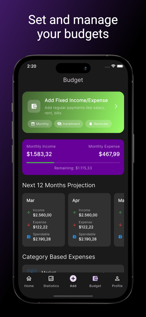 Smart Wallet - Budget Tracker - Pantalla de gestión de presupuesto de la aplicación Smart Wallet con seguimiento de ingresos mensuales y proyecciones financieras para los próximos 12 meses en una interfaz moderna de modo oscuro.