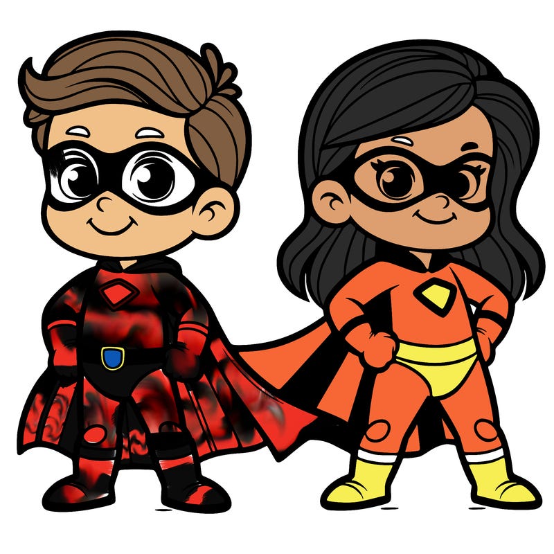 2 superheroes one is a boy of 5 and one is a girl 3 years