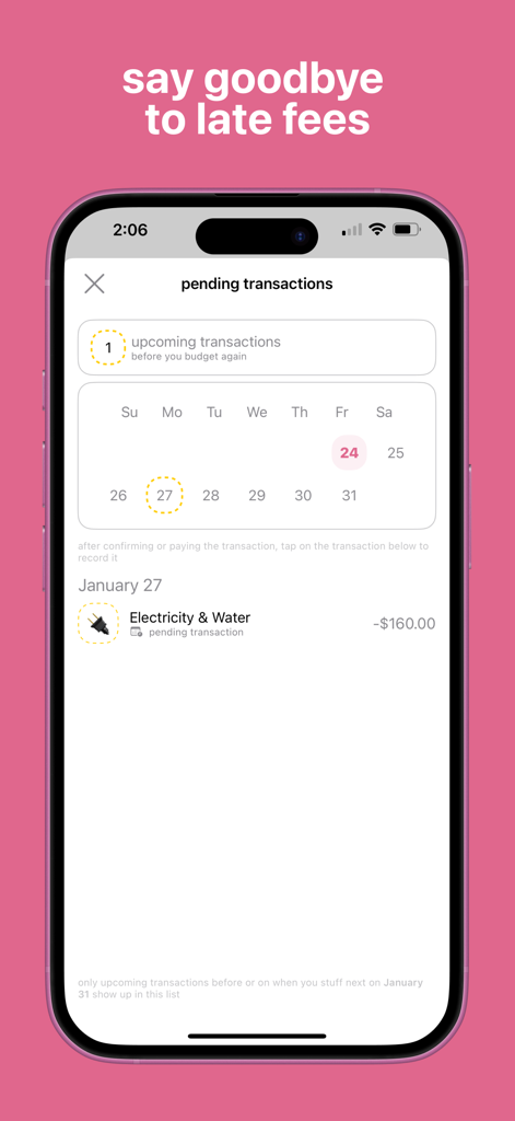 Budget Bestie 앱의 스크린샷으로 분홍색 배경에 예정된 청구서 지불 및 보류 중인 거래가 표시됨.