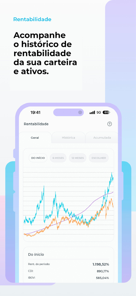 Kinvo: otimize investimentos - Kinvo app interface displaying a detailed investment profitability chart and benchmark comparisons.