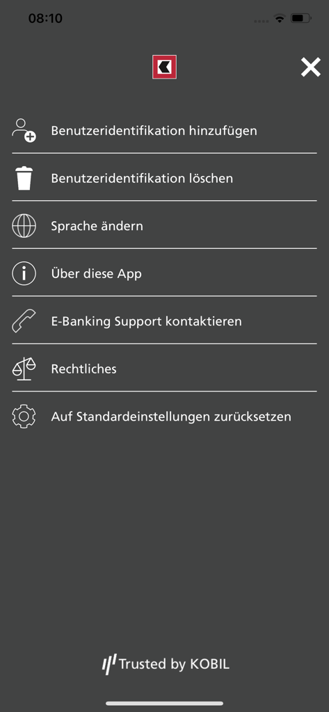 Settings menu of the BEKB smartLogin mobile application showing various options in German