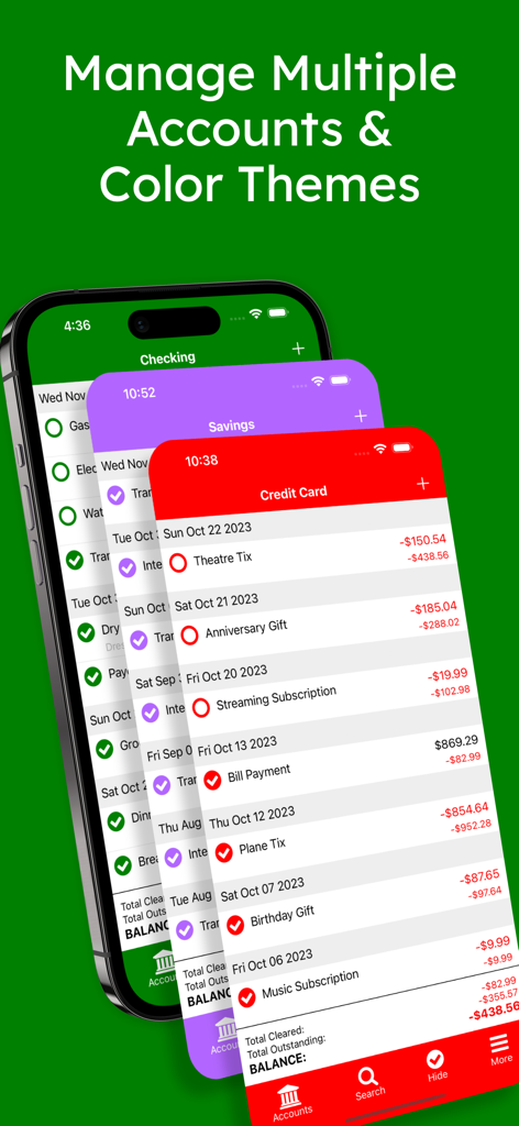 Interfaz de la aplicación The Checkbook mostrando múltiples cuentas financieras con temas de color personalizados para cuentas corrientes, de ahorro y tarjetas de crédito