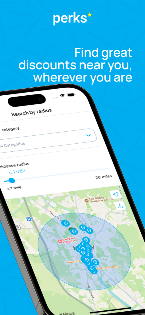 Perks app screen showing a map search for local employee discounts using a distance radius slider.