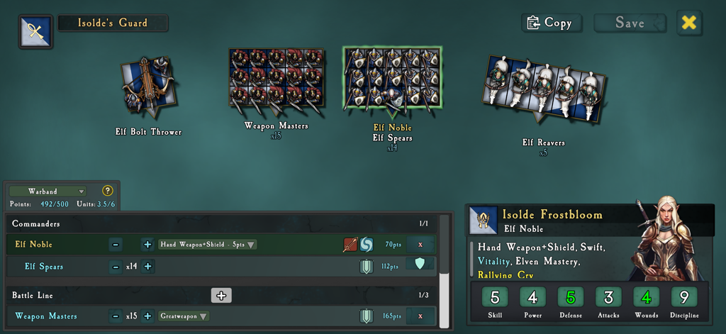 SOVL: Fantasy Warfare - The army builder interface in SOVL Fantasy Warfare showing elven unit compositions and commander stats.