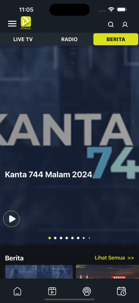 RTMKlik app interface showing the Berita news section with a featured video titled Kanta 744 Malam 2024