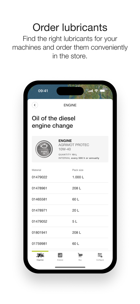 CLAAS connect - CLAAS connect App-Bildschirm zur Bestellung von Motoröl mit verschiedenen Verpackungsgrößen