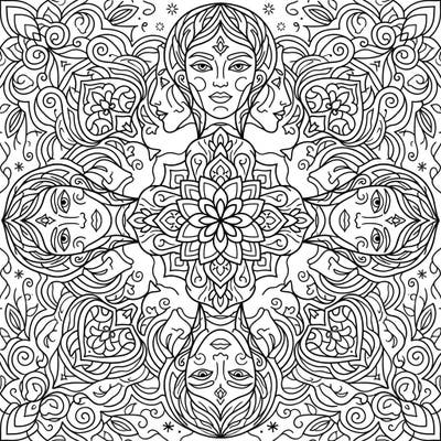 Dive into a world of artistic expression with this intricate abstract portrait mandala coloring page. Its symmetrical design and stylized faces offer a uniquely meditative coloring experience.