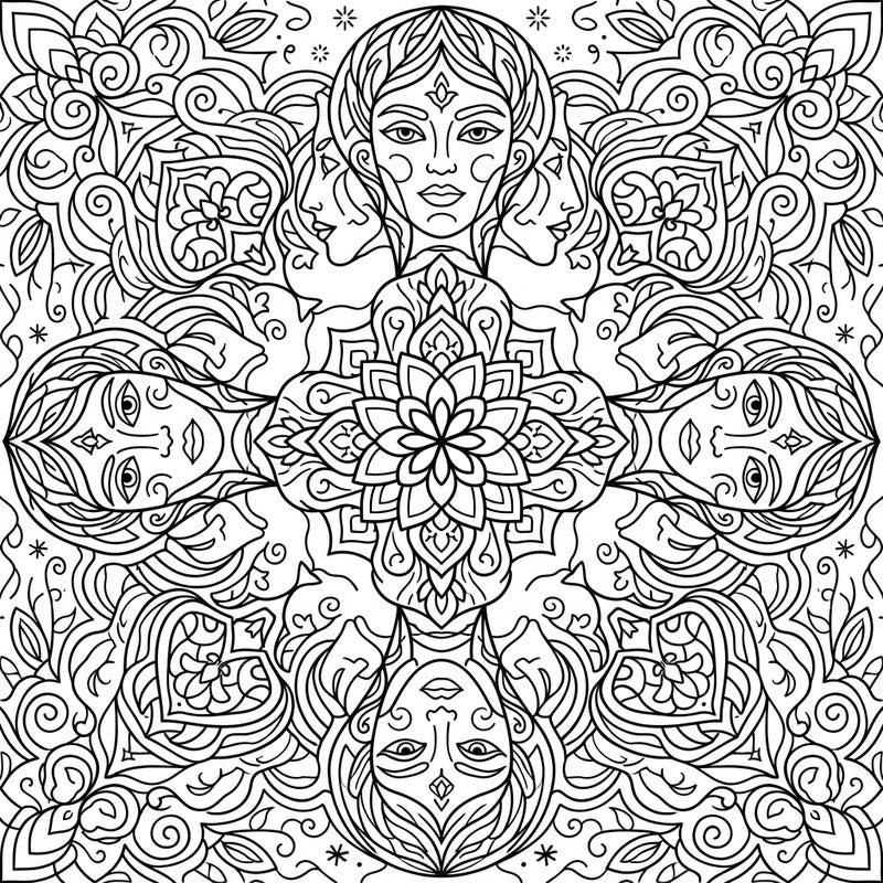 Dive into a world of artistic expression with this intricate abstract portrait mandala coloring page. Its symmetrical design and stylized faces offer a uniquely meditative coloring experience.