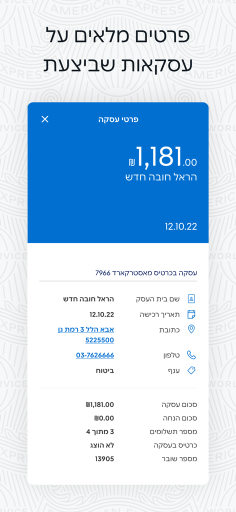 American Express Israel - A detailed transaction summary screen in the American Express Israel app showing spending details and installment information
