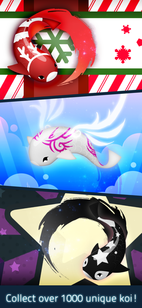 Zen Koi Classic - A showcase of three unique koi fish with artistic patterns and colors representing the collection aspect of the game