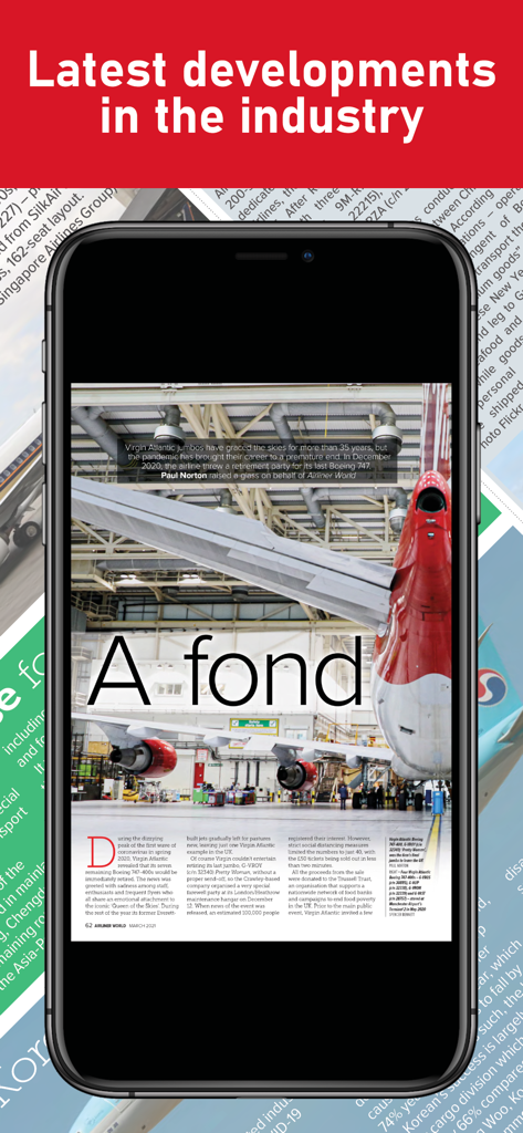 Airliner World Magazine - iPhone che mostra un articolo di aviazione su un aereo Virgin Atlantic nell'app Airliner World Magazine