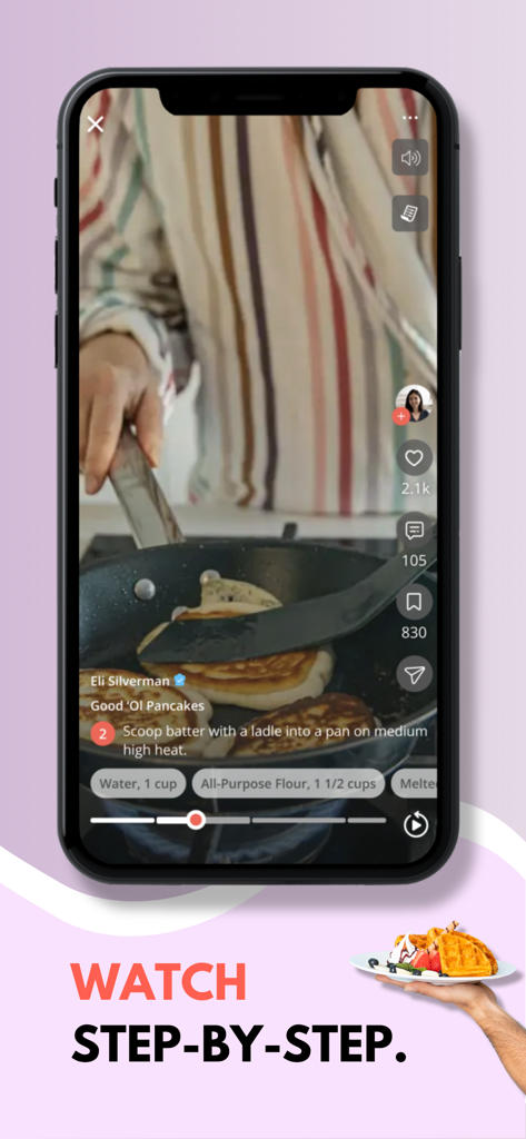 Pepper - Recipe Organizer - ステップバイステップの説明付きパンケーキの縦型ビデオレシピを示すモバイル画面