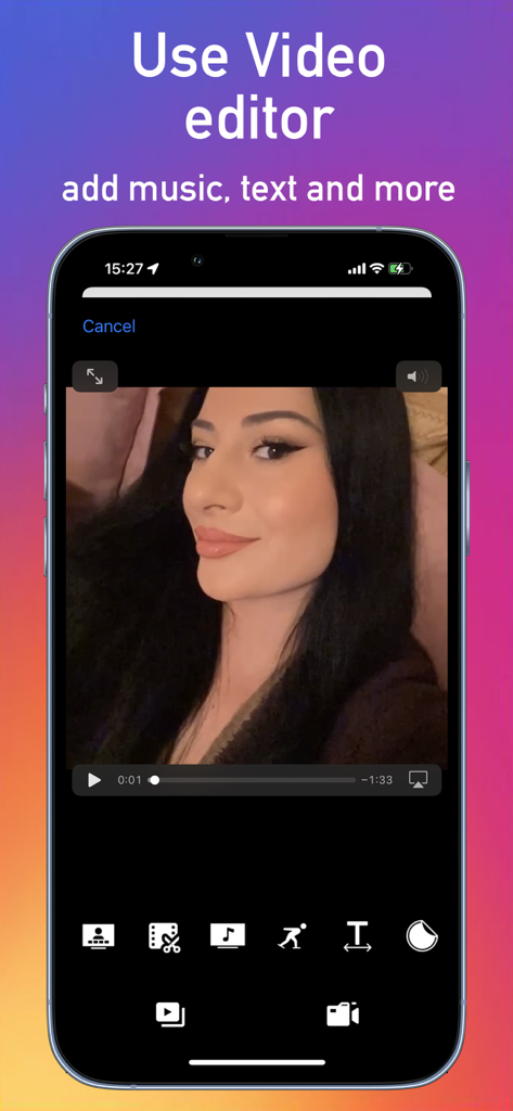 Video Upscaler 16K & Converter - 動画に音楽やテキストを追加するオプションを示すモバイルビデオエディタインターフェース。
