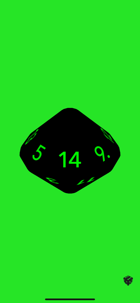 Um dado D20 preto com números verdes em um fundo verde sólido.