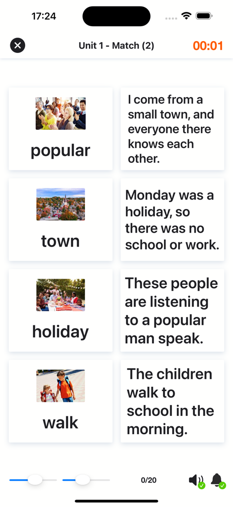 4000 Essential English Words ⑵ - Ejercicio de emparejamiento de vocabulario en inglés que muestra palabras como 'popular' y 'town' con oraciones de ejemplo