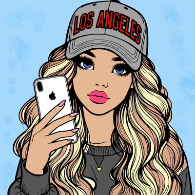 realistic beautiful girl wearing los ángeles cap holding an iphone