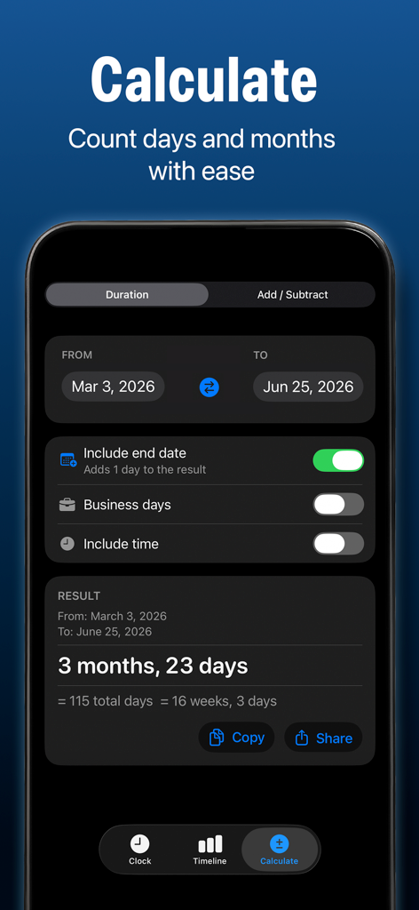 World Clock:Timezone Converter - Interface of the date calculator tool in the World Clock app showing duration between two dates.