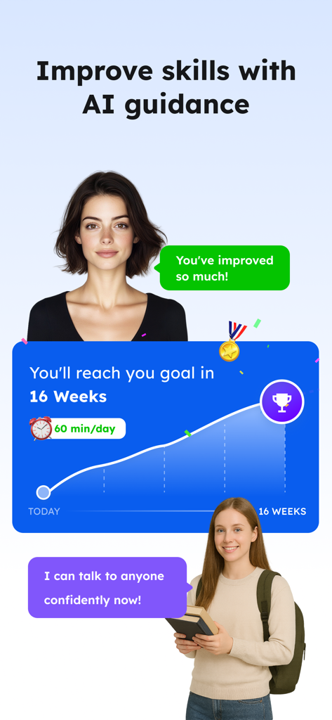 English Learning - Easy Speak - Interfaccia di un'app di apprendimento dell'inglese che mostra la guida AI e un grafico di progresso di 16 settimane per parlare con sicurezza