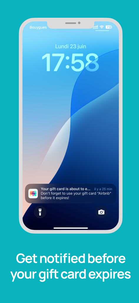 Gift Card Manager - Smartphone lock screen displaying a notification reminder to use a gift card before it expires