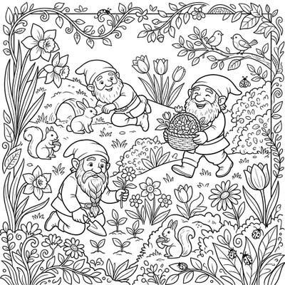 Embark on a charming springtime adventure with this delightful coloring page featuring friendly dwarves tending to their vibrant garden. Kids will love bringing this scene to life with colors, surrounded by blooming flowers and playful woodland creatures.