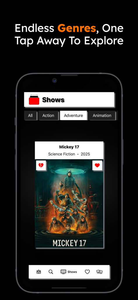 Interface do aplicativo Magi mostrando filtros de gênero de filmes e um cartão de filme para Mickey 17