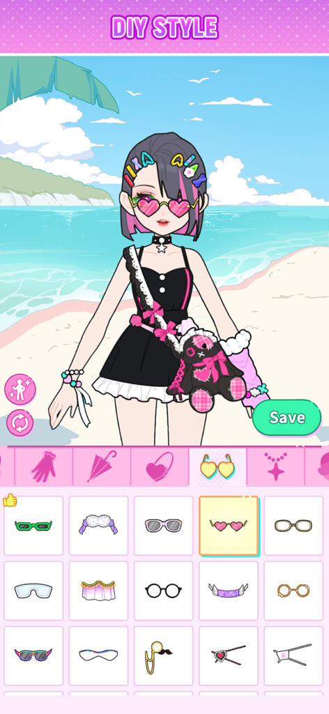 Sparkle Style: Dress up games - Un personaje en Sparkle Style con un atuendo negro y rosa en la playa mientras elige gafas de sol con forma de corazón