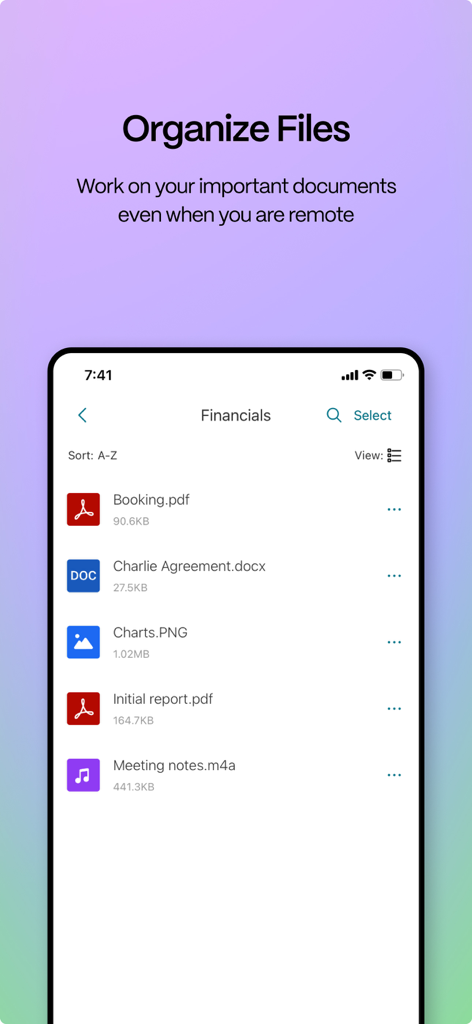 ShareFile-App-Oberfläche mit einer Liste organisierter Geschäftsdokumente auf einem mobilen Gerät.