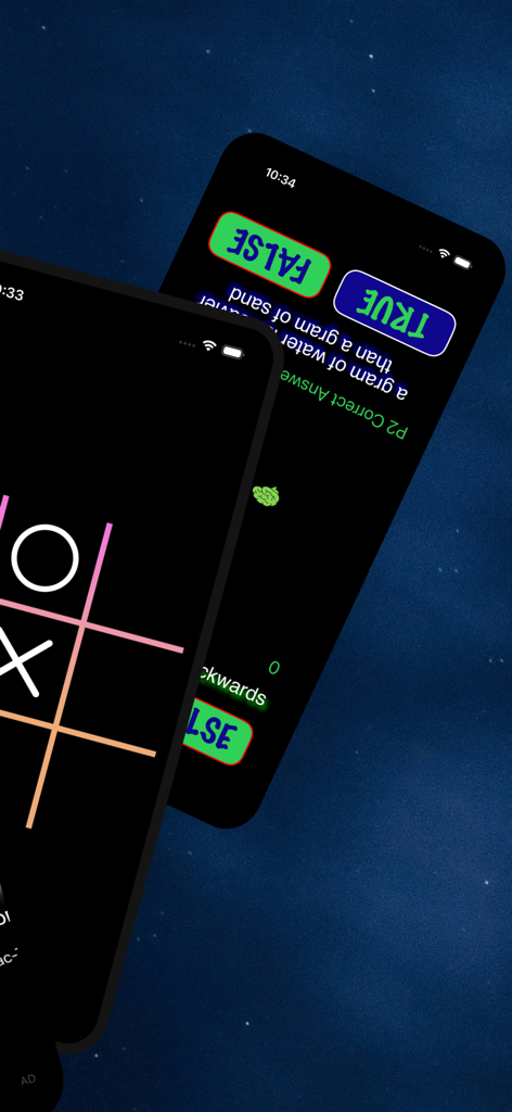 2 Players 1 Device: Tabletop - Tic Tac Toe and True or False mini games displayed on two mobile screens.