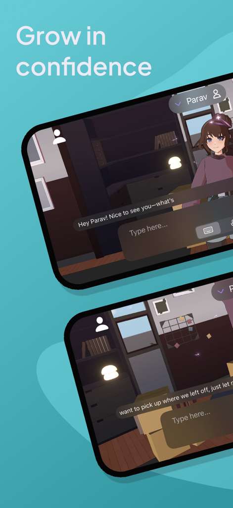 Zura - Learn, Play, Grow - Two smartphones showing the Zura app interface with a character chat and the text Grow in confidence