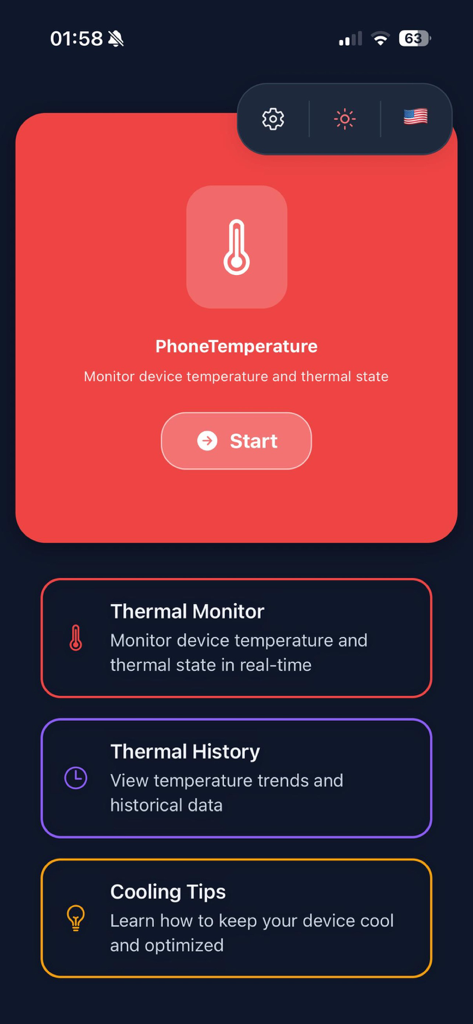 Phone Temperature - Phone Temperature app main dashboard featuring Thermal Monitor Thermal History and Cooling Tips sections